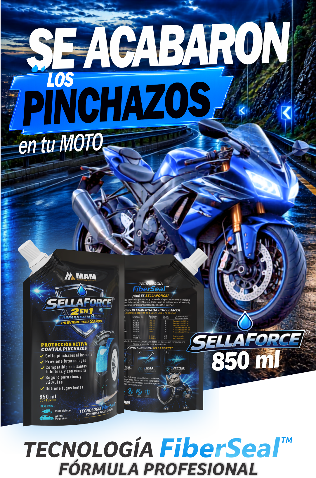 SellaForce® 850ml — Sellador y Reparador de Pinchazos para Motos y automóviles pequeños | Tecnología FiberSeal™