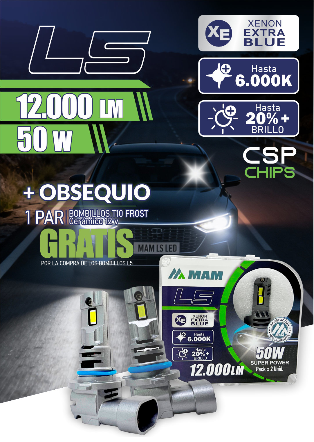Faro LED MAM L5 50W 12.000LM Xenon Extra Blue 6000K | Reemplazo Halógeno Plug & Play Tipo Original para Carro, Moto y Camión | Luz Blanca Fría Alta Potencia Pack x2