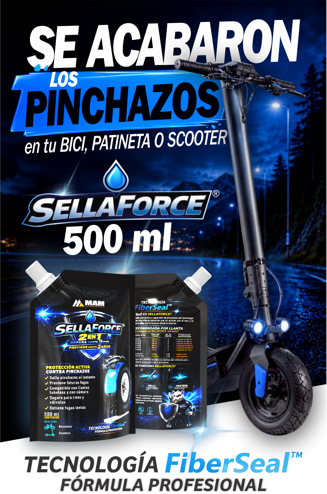 SellaForce® 500ml — Sellador y Reparador de Pinchazos para Bicicletas, Patinetas y Scooters | Tecnología FiberSeal™