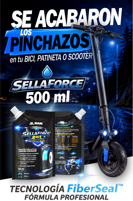SellaForce® 500ml — Sellador y Reparador de Pinchazos para Bicicletas, Patinetas y Scooters | Tecnología FiberSeal™