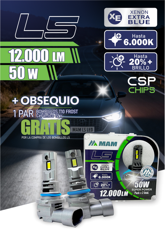 Faro LED MAM L5 50W 12.000LM Xenon Extra Blue 6000K | Reemplazo Halógeno Plug & Play Tipo Original para Carro, Moto y Camión | Luz Blanca Fría Alta Potencia Pack x2