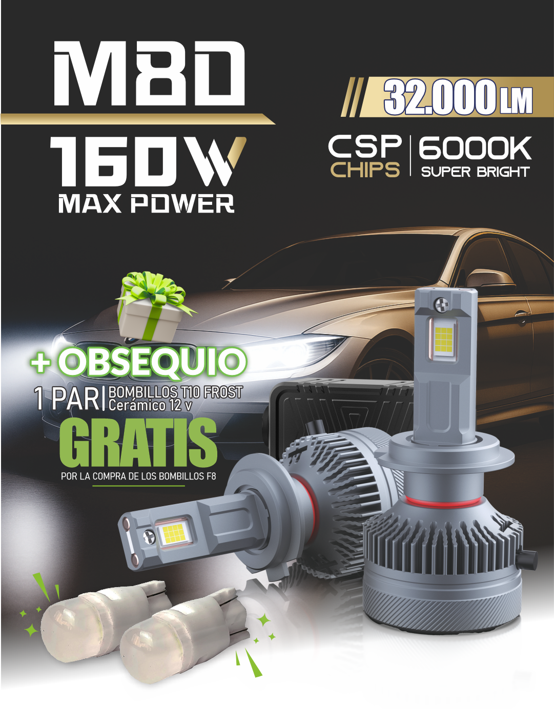 Bombillo LED M80 160W 32.000LM Alta Potencia para Autos – Faro LED 6000K Blanco Ultra Brillante con Sistema Canbus, IP68 y Enfriamiento de Doble Cobre – Reemplazo Halógeno Plug & Play