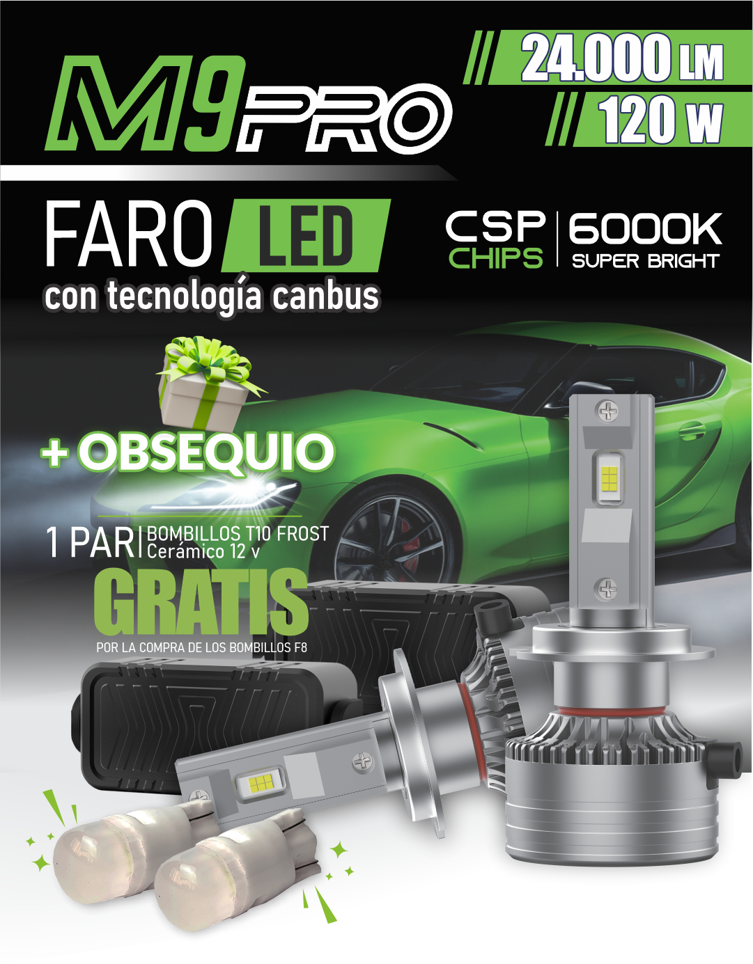 Bombillos LED MAM M9 PRO 120W 24.000LM CANBUS Luz Blanca 6000K para Carro y Camioneta | Chip CSP | Tubo de Cobre | Aluminio Aeronáutico | IP68 | 12V y 24V | Pack x2