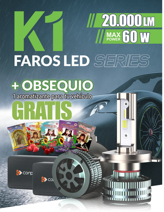 Bombillos LED K1 Series con iCANBUS inteligente, 20.000 LM, 60W, CSP3570, IP68, doble tubo de cobre y enfoque preciso. Compatible con 99% de vehículos. Potencia real, instalación fácil y luz blanca 6000K. Pack x2.