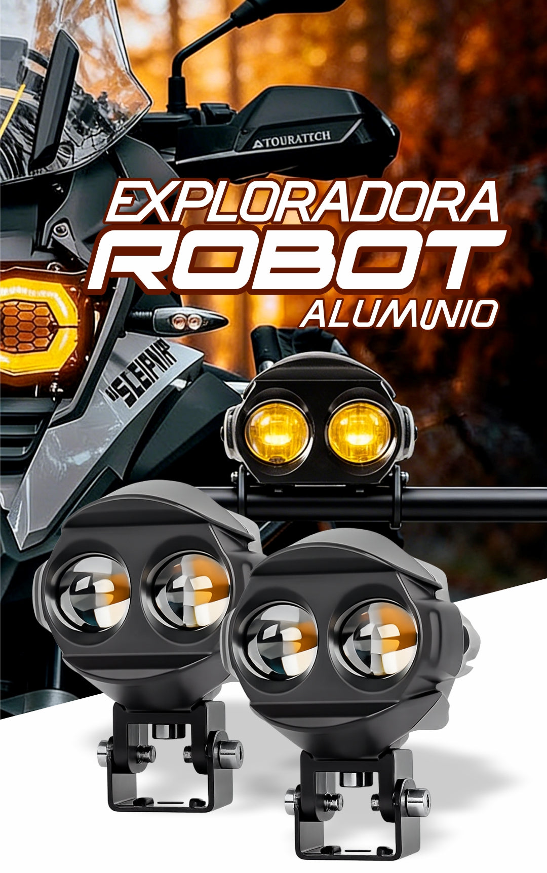 Exploradora Robot Marca MAM Dual LED Blanco Ámbar - Faros Auxiliares para Moto, Camión y Offroad - Iluminación de Alta Intensidad con Lente de Enfoque, Chip Inteligente de Protección y Diseño Robusto. Gran Cobertura de Luz Alta y Baja Combinada